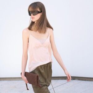 NWT Tela Italy Silk Cami Top Hand Embroidered Peach Pink S blue trim tank blouse